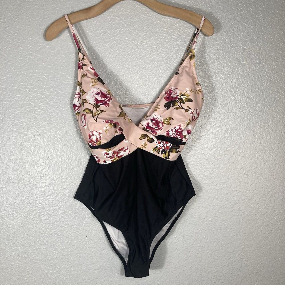 New CUPSHE Black Swimsuit L Floral Wrap Halter Slimming Pin-Up Modest Resort